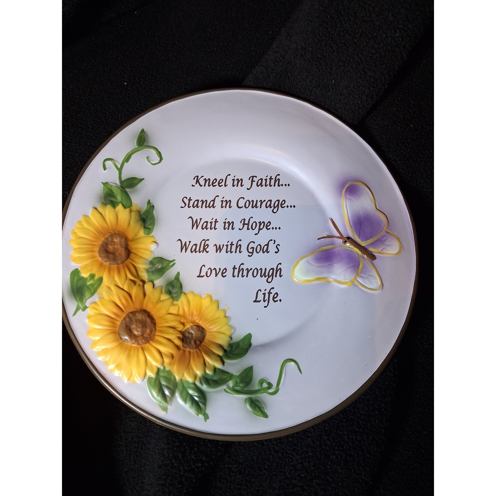 Inspirational Sunflower Butterfly Faith Decorative Plate 8 Inch 3D Ceramic